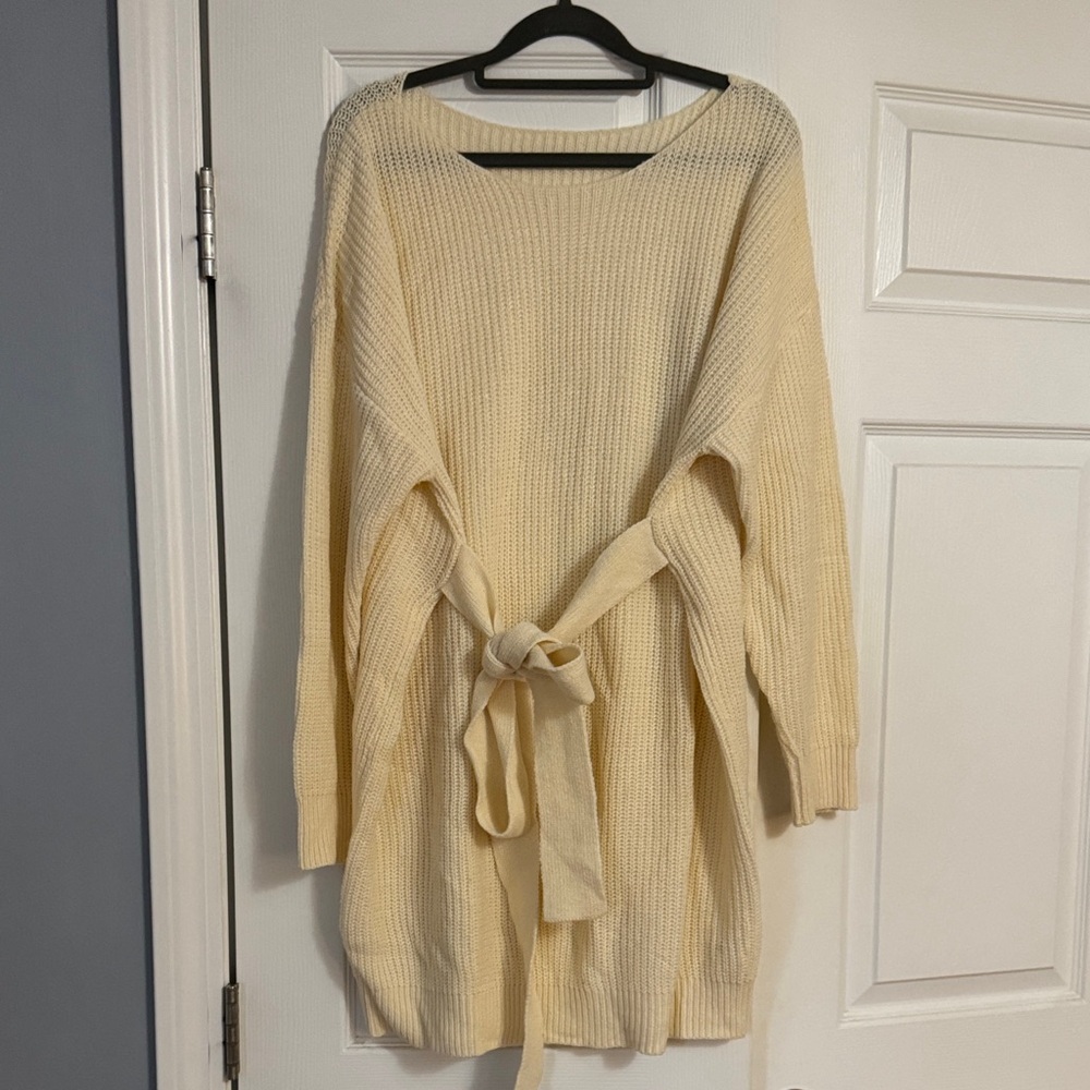 Cream Knit Sweater Dress with Belt
